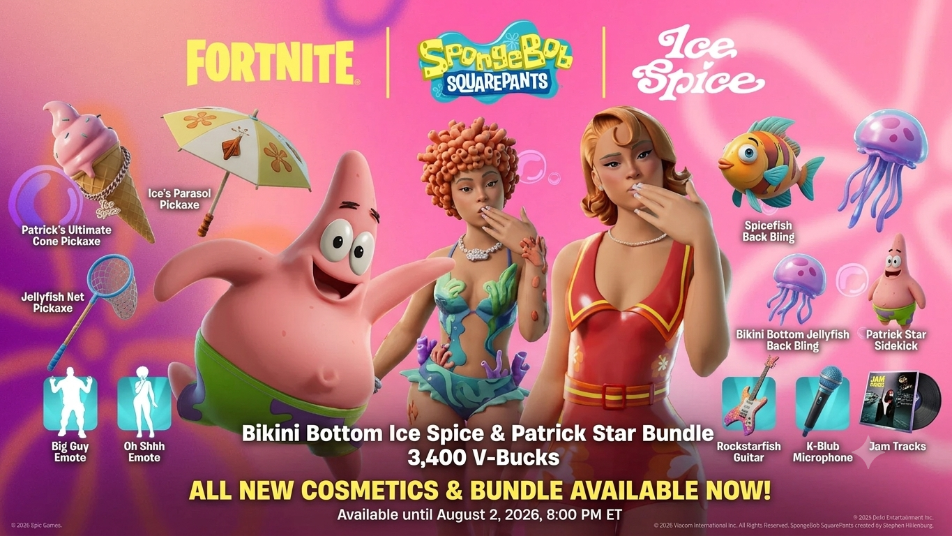 Fortnite x SpongeBob second wave brings Ice Spice, Patrick Star, and more cosmetics
